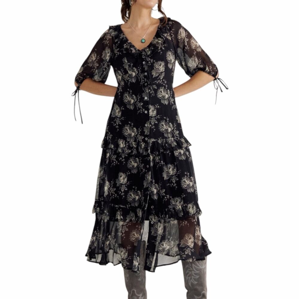 Tecovas Women's Elbow Length Button up Western Sheer Floral Print Maxi Dress L